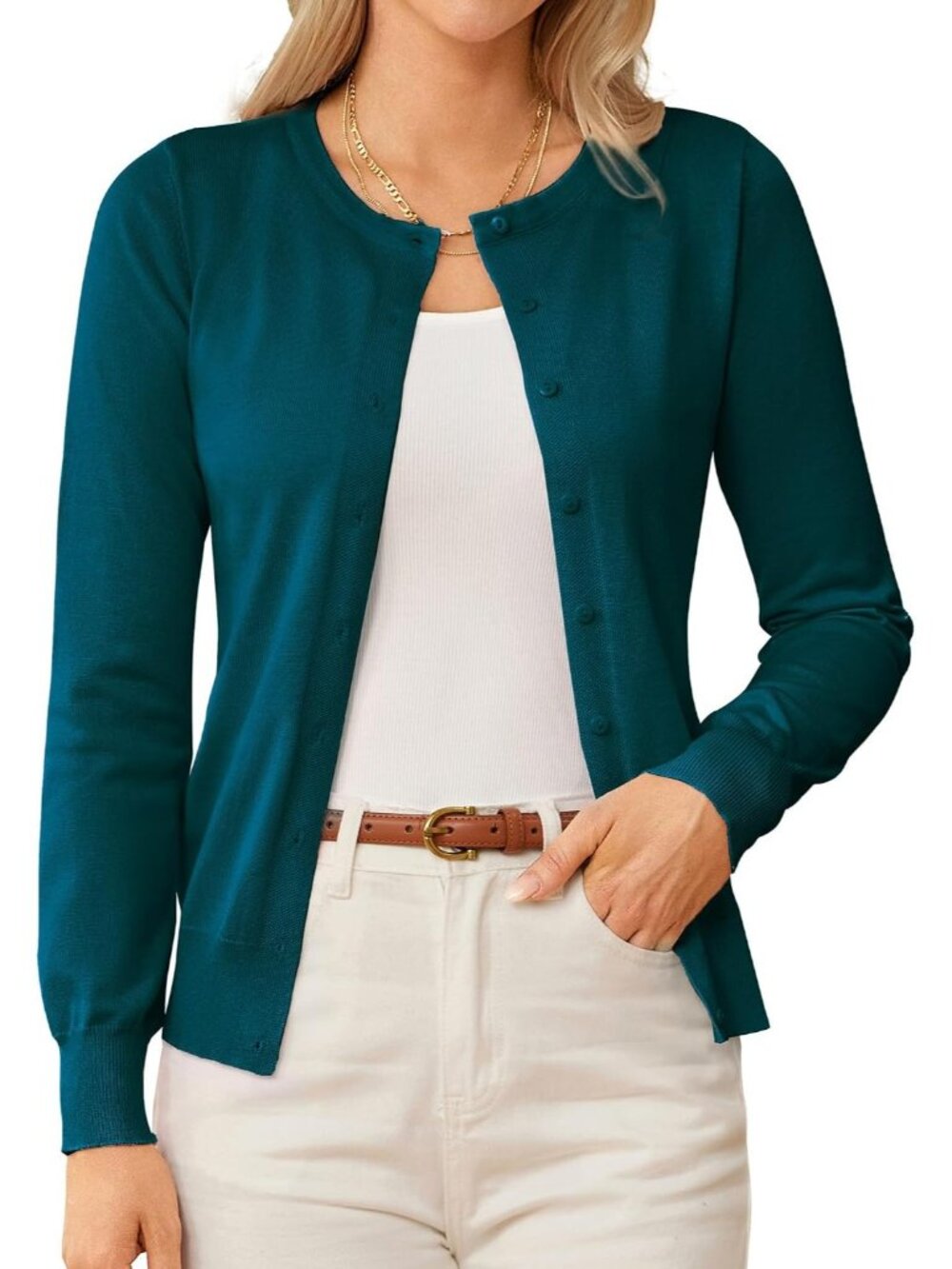 🆕Women's Peacock Green Crew-neck Knit Cardigan Sweater Lightweight Button Up